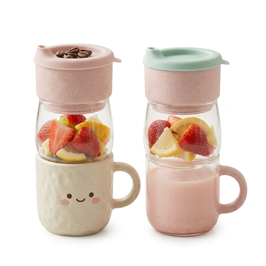 TeannaGo™ 3-in-1 Stackable Flavor-Infuser Cup - Cute Coffee Mug and Glass Tea Infuser Set with Spill-Proof Lid | Space-Saving Fruit Water Infuser & Drinkware for Coffee, Cold Brew, and Loose Leaf Tea