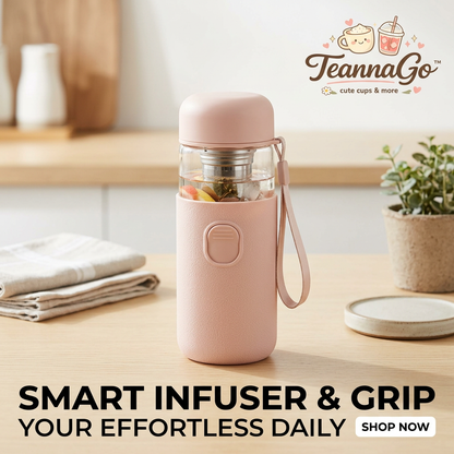 TeannaGo™ Smart Tea Infuser Glass Water Bottle with Protective Silicone Grip Sleeve & Carrying Strap | 14oz Portable Travel Tumbler with Stainless Steel Strainer for Loose Leaf, Fruit Infusion & Cold Brew | Leak-Proof, One-Touch Separation Control