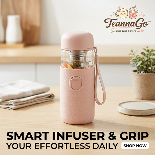 TeannaGo™ Smart Tea Infuser Glass Water Bottle with Protective Silicone Grip Sleeve & Carrying Strap | 14oz Portable Travel Tumbler with Stainless Steel Strainer for Loose Leaf, Fruit Infusion & Cold Brew | Leak-Proof, One-Touch Separation Control