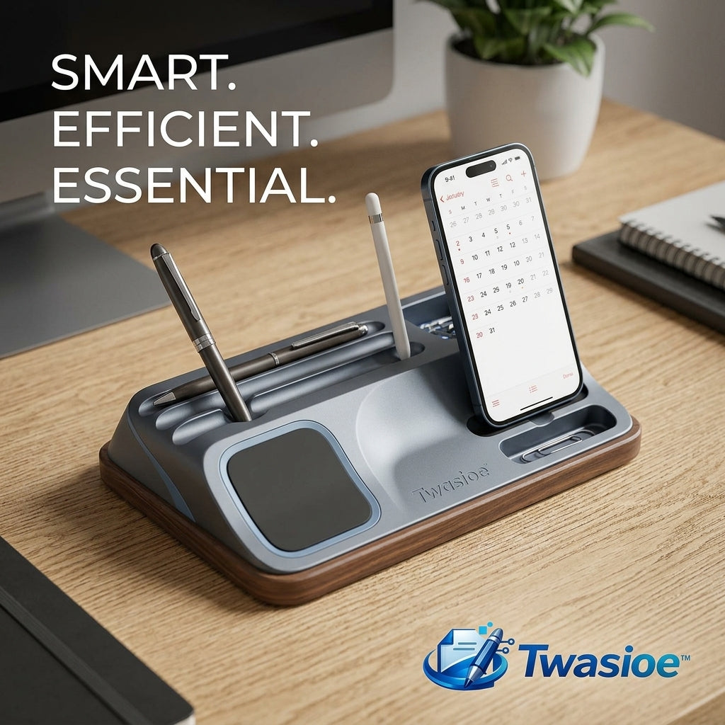 Twasioe™ Smart Desktop Organizer with Phone Stand, Pen Holder, Stylus Slot, Storage Tray, Modern Desk Dock for Home Office, Workstation, Study Desk, Nightstand & Office Supplies Organization