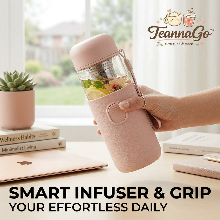 TeannaGo™ Smart Tea Infuser Glass Water Bottle with Protective Silicone Grip Sleeve & Carrying Strap | 14oz Portable Travel Tumbler with Stainless Steel Strainer for Loose Leaf, Fruit Infusion & Cold Brew | Leak-Proof, One-Touch Separation Control