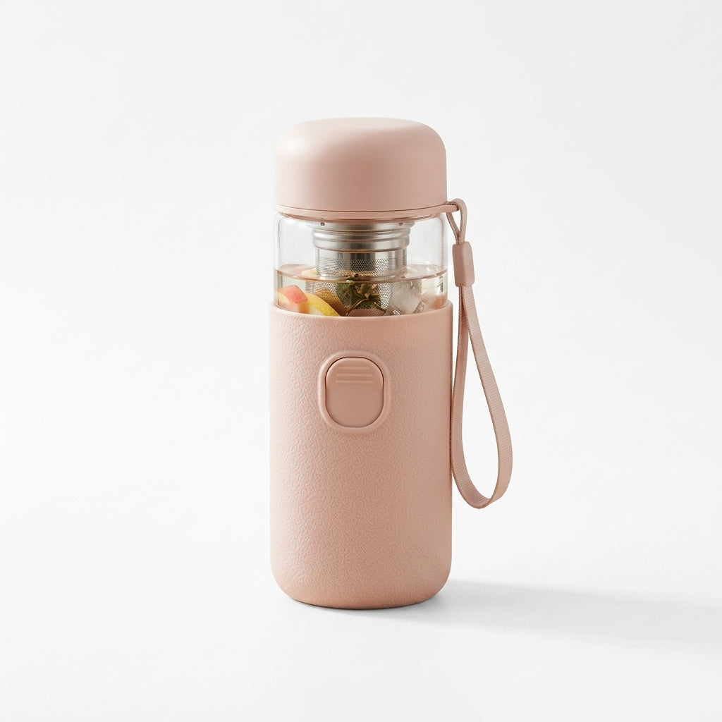 TeannaGo™ Smart Tea Infuser Glass Water Bottle with Protective Silicone Grip Sleeve & Carrying Strap | 14oz Portable Travel Tumbler with Stainless Steel Strainer for Loose Leaf, Fruit Infusion & Cold Brew | Leak-Proof, One-Touch Separation Control