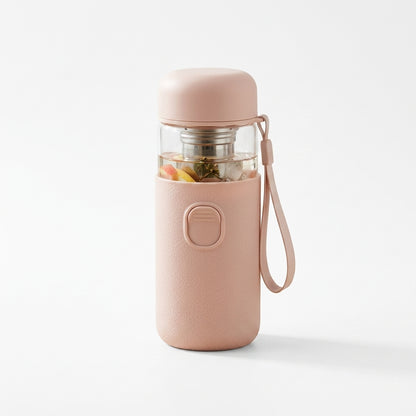 TeannaGo™ Smart Tea Infuser Glass Water Bottle with Protective Silicone Grip Sleeve & Carrying Strap | 14oz Portable Travel Tumbler with Stainless Steel Strainer for Loose Leaf, Fruit Infusion & Cold Brew | Leak-Proof, One-Touch Separation Control