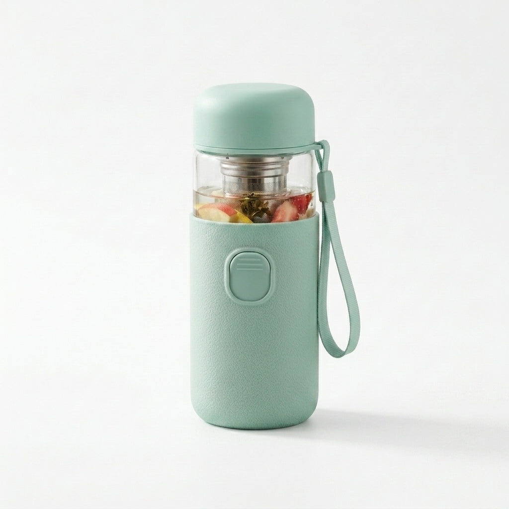 TeannaGo™ Smart Tea Infuser Glass Water Bottle with Protective Silicone Grip Sleeve & Carrying Strap | 14oz Portable Travel Tumbler with Stainless Steel Strainer for Loose Leaf, Fruit Infusion & Cold Brew | Leak-Proof, One-Touch Separation Control
