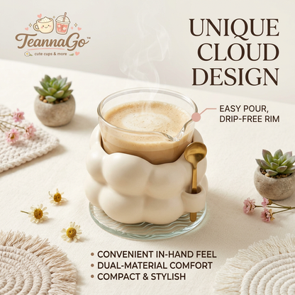 TeannaGo™ Cute Cloud Glass Coffee Mug with Matte Sleeve and Spoon - Aesthetic 10oz Tea Cup with Drip-Free Pour Spout, Wave Coaster, and Gold Stirring Spoon | Cozy Home Cafe Mug Gift for Latte, Cappuccino, Matcha