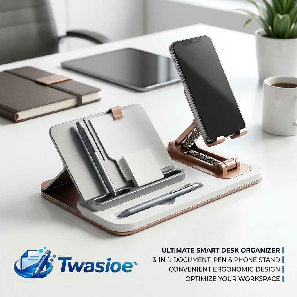 Twasioe™ 3-in-1 Smart Desk Organizer with Phone Stand, Document Holder & Pen Tray, Ergonomic Desktop Station for Office, Home Workspace, Study Desk, Tablet, Notepad, Pens & Accessories