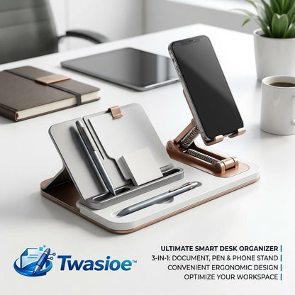 Twasioe™ 3-in-1 Smart Desk Organizer with Phone Stand, Document Holder & Pen Tray, Ergonomic Desktop Station for Office, Home Workspace, Study Desk, Tablet, Notepad, Pens & Accessories