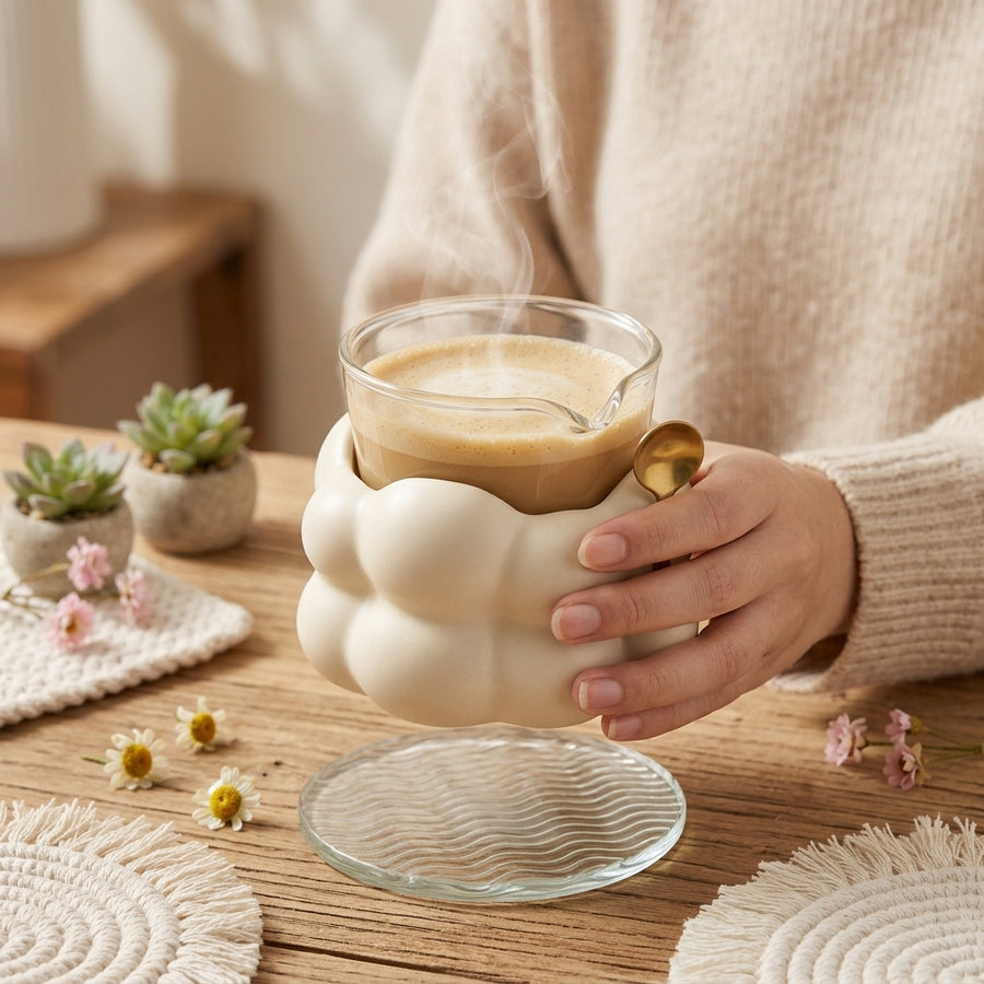 TeannaGo™ Cute Cloud Glass Coffee Mug with Matte Sleeve and Spoon - Aesthetic 10oz Tea Cup with Drip-Free Pour Spout, Wave Coaster, and Gold Stirring Spoon | Cozy Home Cafe Mug Gift for Latte, Cappuccino, Matcha