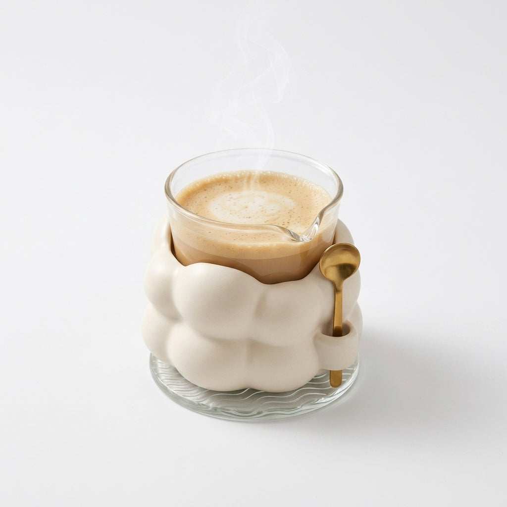 TeannaGo™ Cute Cloud Glass Coffee Mug with Matte Sleeve and Spoon - Aesthetic 10oz Tea Cup with Drip-Free Pour Spout, Wave Coaster, and Gold Stirring Spoon | Cozy Home Cafe Mug Gift for Latte, Cappuccino, Matcha