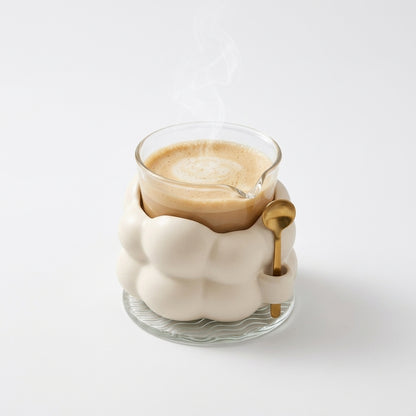 TeannaGo™ Cute Cloud Glass Coffee Mug with Matte Sleeve and Spoon - Aesthetic 10oz Tea Cup with Drip-Free Pour Spout, Wave Coaster, and Gold Stirring Spoon | Cozy Home Cafe Mug Gift for Latte, Cappuccino, Matcha