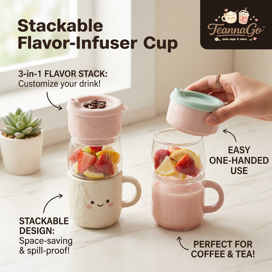 TeannaGo™ 3-in-1 Stackable Flavor-Infuser Cup - Cute Coffee Mug and Glass Tea Infuser Set with Spill-Proof Lid | Space-Saving Fruit Water Infuser & Drinkware for Coffee, Cold Brew, and Loose Leaf Tea