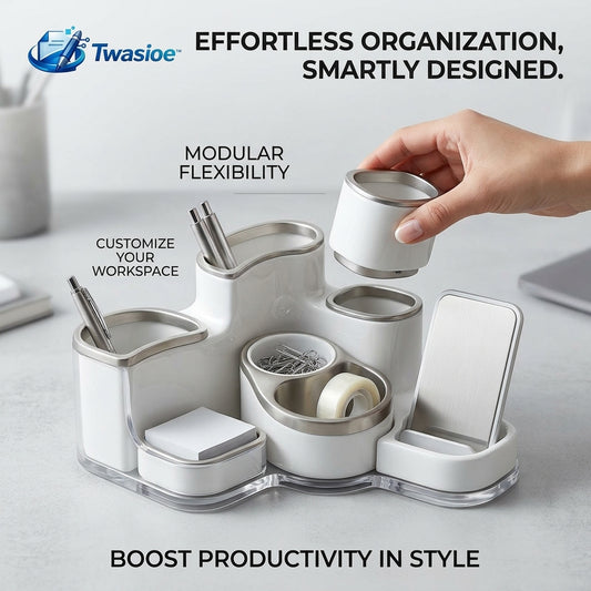Twasioe™ Modular Desk Organizer, Multi-Compartment Office Supplies Holder, Pen Cup, Sticky Note Tray, Paper Clip Storage, Tape Holder & Phone Stand for Home Office, School, Dorm, Vanity Desk