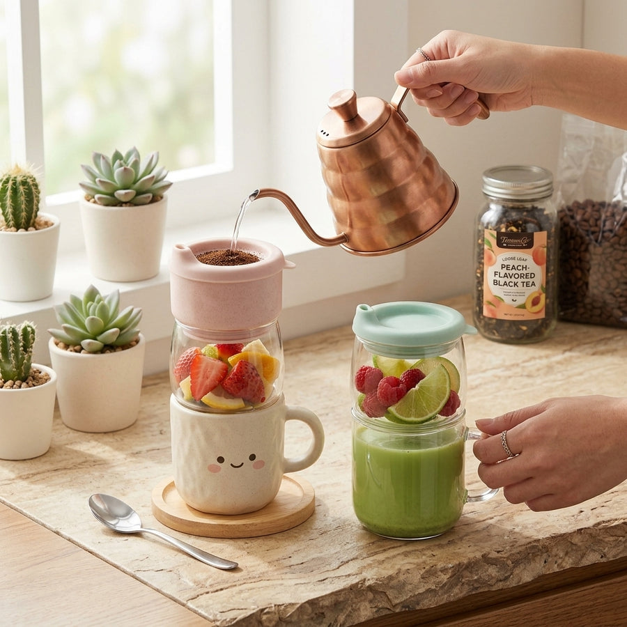 TeannaGo™ 3-in-1 Stackable Flavor-Infuser Cup - Cute Coffee Mug and Glass Tea Infuser Set with Spill-Proof Lid | Space-Saving Fruit Water Infuser & Drinkware for Coffee, Cold Brew, and Loose Leaf Tea