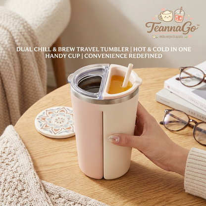 TeannaGo™ 2-in-1 Dual Compartment Travel Tumbler | Insulated Split Cup with Tea Infuser & Straw | Double-Sided Stainless Steel Travel Mug for Hot Coffee & Cold Drinks | Aesthetic Leakproof Commuter Water Bottle