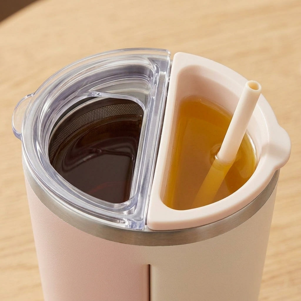 TeannaGo™ 2-in-1 Dual Compartment Travel Tumbler | Insulated Split Cup with Tea Infuser & Straw | Double-Sided Stainless Steel Travel Mug for Hot Coffee & Cold Drinks | Aesthetic Leakproof Commuter Water Bottle