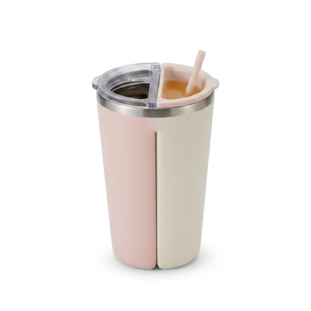 TeannaGo™ 2-in-1 Dual Compartment Travel Tumbler | Insulated Split Cup with Tea Infuser & Straw | Double-Sided Stainless Steel Travel Mug for Hot Coffee & Cold Drinks | Aesthetic Leakproof Commuter Water Bottle