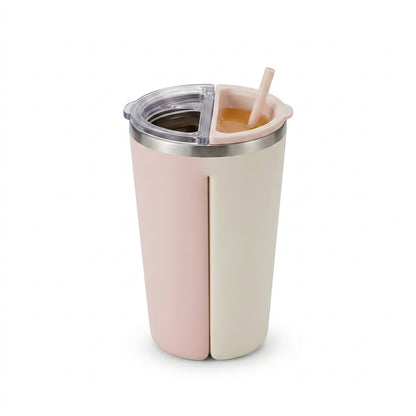 TeannaGo™ 2-in-1 Dual Compartment Travel Tumbler | Insulated Split Cup with Tea Infuser & Straw | Double-Sided Stainless Steel Travel Mug for Hot Coffee & Cold Drinks | Aesthetic Leakproof Commuter Water Bottle