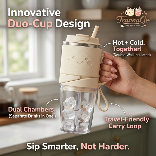 TeannaGo™ Duo-Cup 2-in-1 Travel Tumbler | Dual Chamber Split Cup with Handle & Straw | Double-Wall Vacuum Insulated Travel Mug for Hot & Cold Drinks | Leakproof Hydration Bottle with Carry Loop, Cute Kawaii Aesthetic