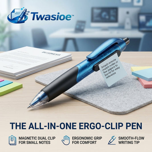 Twasioe™ All-in-One Ergo-Clip Pen, Magnetic Dual Clip Ballpoint Pen with Note Holder, Smooth-Flow Writing Tip, Comfortable Grip Pen for Office, School, Meetings, Journaling, Business Notes & Everyday Writing