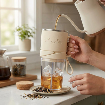 TeannaGo™ Duo-Cup 2-in-1 Travel Tumbler | Dual Chamber Split Cup with Handle & Straw | Double-Wall Vacuum Insulated Travel Mug for Hot & Cold Drinks | Leakproof Hydration Bottle with Carry Loop, Cute Kawaii Aesthetic