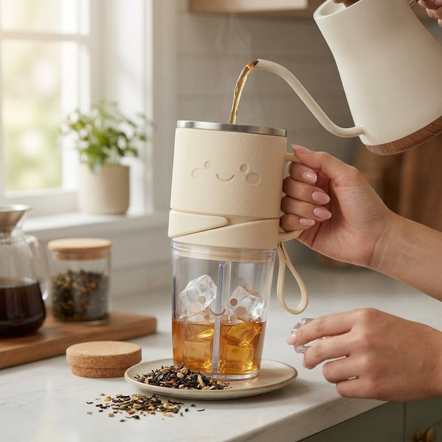 TeannaGo™ Duo-Cup 2-in-1 Travel Tumbler | Dual Chamber Split Cup with Handle & Straw | Double-Wall Vacuum Insulated Travel Mug for Hot & Cold Drinks | Leakproof Hydration Bottle with Carry Loop, Cute Kawaii Aesthetic