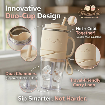 TeannaGo™ Duo-Cup 2-in-1 Travel Tumbler | Dual Chamber Split Cup with Handle & Straw | Double-Wall Vacuum Insulated Travel Mug for Hot & Cold Drinks | Leakproof Hydration Bottle with Carry Loop, Cute Kawaii Aesthetic
