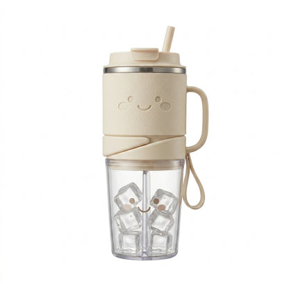 TeannaGo™ Duo-Cup 2-in-1 Travel Tumbler | Dual Chamber Split Cup with Handle & Straw | Double-Wall Vacuum Insulated Travel Mug for Hot & Cold Drinks | Leakproof Hydration Bottle with Carry Loop, Cute Kawaii Aesthetic