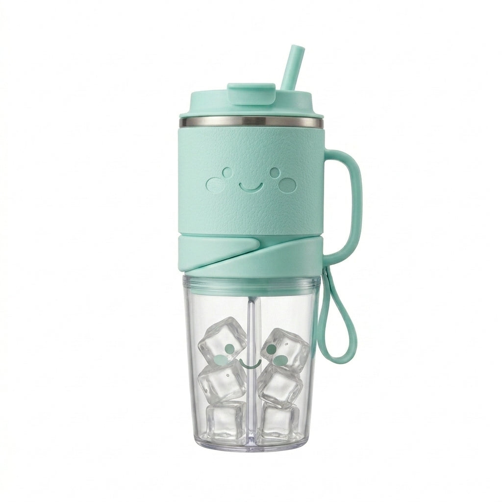 TeannaGo™ Duo-Cup 2-in-1 Travel Tumbler | Dual Chamber Split Cup with Handle & Straw | Double-Wall Vacuum Insulated Travel Mug for Hot & Cold Drinks | Leakproof Hydration Bottle with Carry Loop, Cute Kawaii Aesthetic