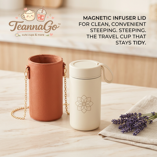 TeannaGo™ Magnetic Tea Infuser Travel Mug - Insulated Tea Tumbler with Faux Leather Crossbody Sleeve & Gold Chain Strap | Aesthetic Loose Leaf Tea Steeper & Travel Cup with Leakproof Lid, Cute Gift for Tea Lovers On-the-Go