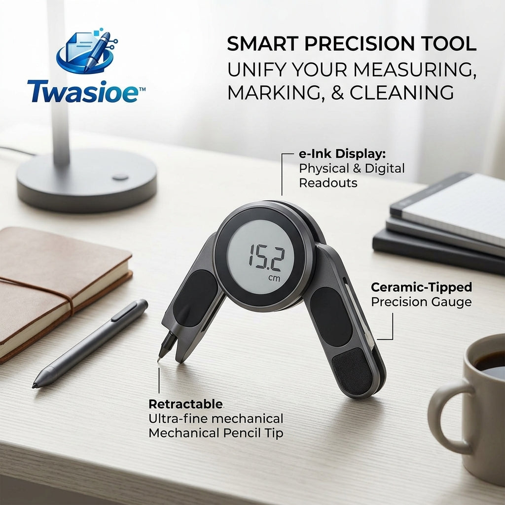Twasioe™ Smart Precision Tool, Digital Measuring Gauge with e-Ink Display, Retractable Mechanical Pencil Tip, Ceramic-Tipped Precision Gauge, Compact Marking & Measuring Tool for Drafting, DIY Projects, Woodworking, Office, School, and Design Work