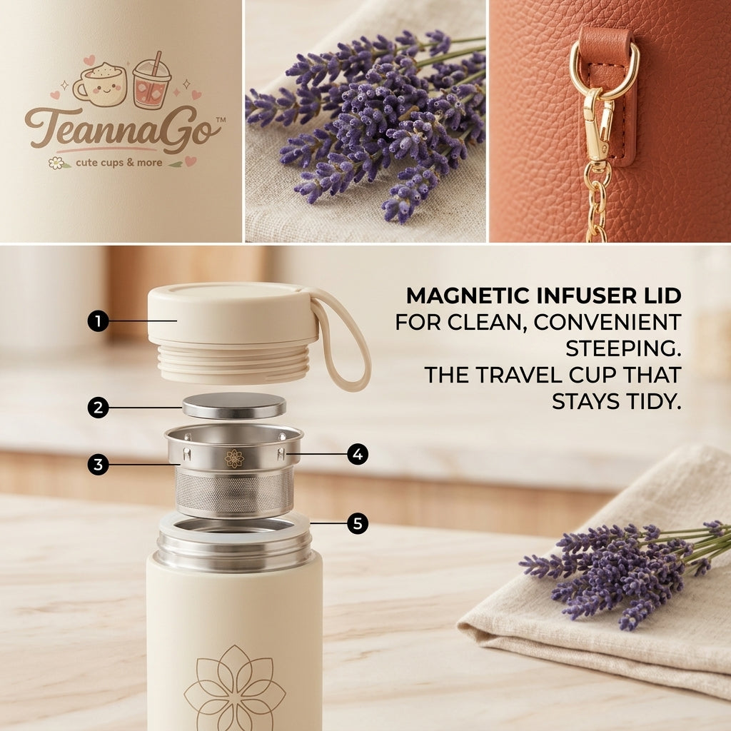 TeannaGo™ Magnetic Tea Infuser Travel Mug - Insulated Tea Tumbler with Faux Leather Crossbody Sleeve & Gold Chain Strap | Aesthetic Loose Leaf Tea Steeper & Travel Cup with Leakproof Lid, Cute Gift for Tea Lovers On-the-Go