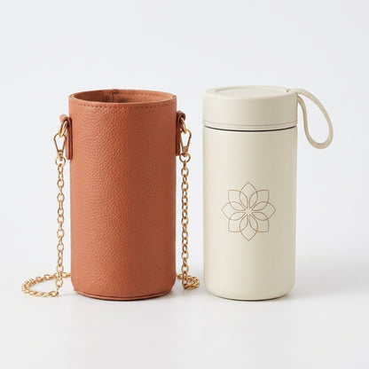 TeannaGo™ Magnetic Tea Infuser Travel Mug - Insulated Tea Tumbler with Faux Leather Crossbody Sleeve & Gold Chain Strap | Aesthetic Loose Leaf Tea Steeper & Travel Cup with Leakproof Lid, Cute Gift for Tea Lovers On-the-Go