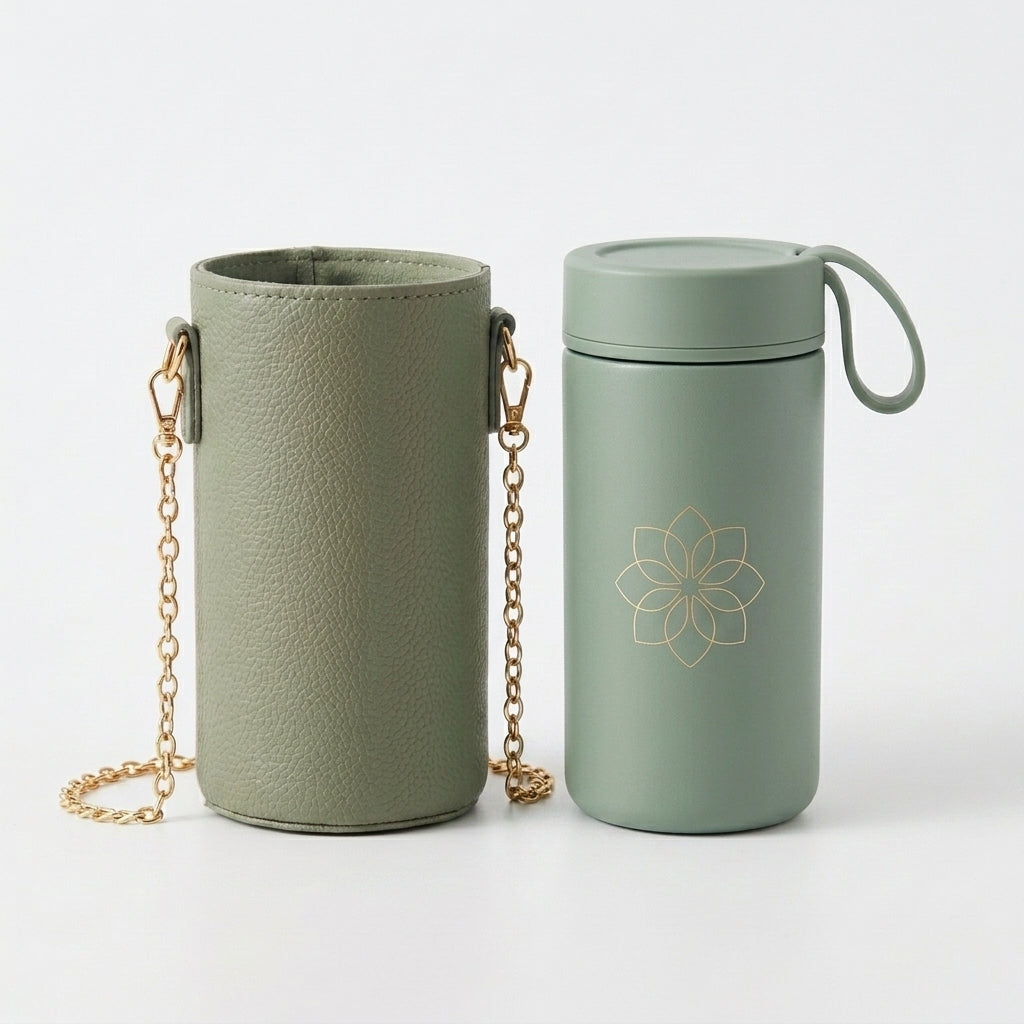TeannaGo™ Magnetic Tea Infuser Travel Mug - Insulated Tea Tumbler with Faux Leather Crossbody Sleeve & Gold Chain Strap | Aesthetic Loose Leaf Tea Steeper & Travel Cup with Leakproof Lid, Cute Gift for Tea Lovers On-the-Go