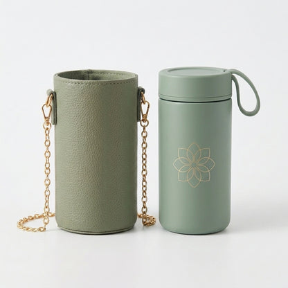 TeannaGo™ Magnetic Tea Infuser Travel Mug - Insulated Tea Tumbler with Faux Leather Crossbody Sleeve & Gold Chain Strap | Aesthetic Loose Leaf Tea Steeper & Travel Cup with Leakproof Lid, Cute Gift for Tea Lovers On-the-Go