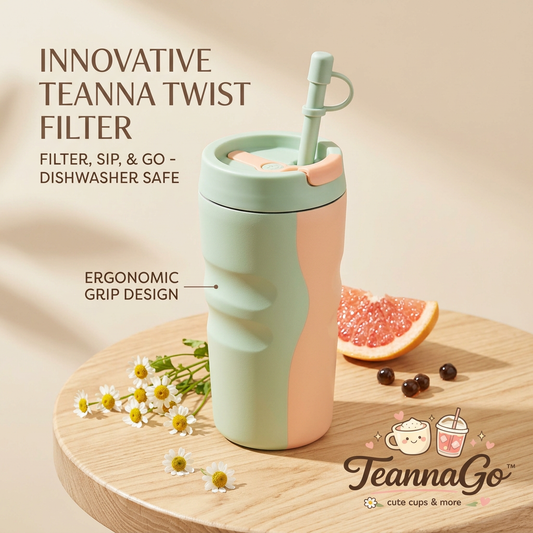 TeannaGo™ Insulated Tumbler with Straw and Twist Filter | Cute Pastel Travel Mug for Loose Leaf Tea & Fruit Infusions | Ergonomic Non-Slip Grip, Dishwasher Safe, Reusable Aesthetic Cup for Iced Coffee & Boba