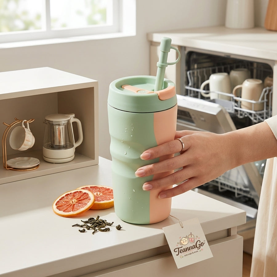 TeannaGo™ Insulated Tumbler with Straw and Twist Filter | Cute Pastel Travel Mug for Loose Leaf Tea & Fruit Infusions | Ergonomic Non-Slip Grip, Dishwasher Safe, Reusable Aesthetic Cup for Iced Coffee & Boba