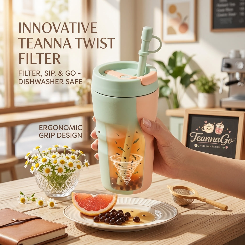 TeannaGo™ Insulated Tumbler with Straw and Twist Filter | Cute Pastel Travel Mug for Loose Leaf Tea & Fruit Infusions | Ergonomic Non-Slip Grip, Dishwasher Safe, Reusable Aesthetic Cup for Iced Coffee & Boba