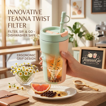 TeannaGo™ Insulated Tumbler with Straw and Twist Filter | Cute Pastel Travel Mug for Loose Leaf Tea & Fruit Infusions | Ergonomic Non-Slip Grip, Dishwasher Safe, Reusable Aesthetic Cup for Iced Coffee & Boba