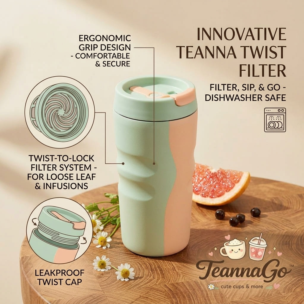 TeannaGo™ Insulated Tumbler with Straw and Twist Filter | Cute Pastel Travel Mug for Loose Leaf Tea & Fruit Infusions | Ergonomic Non-Slip Grip, Dishwasher Safe, Reusable Aesthetic Cup for Iced Coffee & Boba