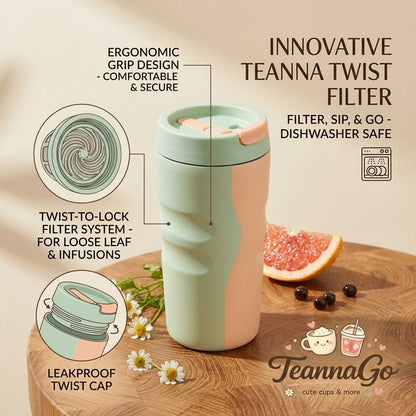 TeannaGo™ Insulated Tumbler with Straw and Twist Filter | Cute Pastel Travel Mug for Loose Leaf Tea & Fruit Infusions | Ergonomic Non-Slip Grip, Dishwasher Safe, Reusable Aesthetic Cup for Iced Coffee & Boba