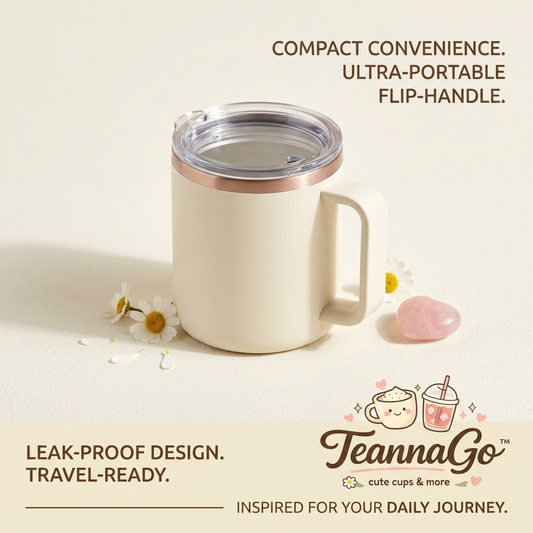 TeannaGo™ Insulated Travel Coffee Mug with Portable Flip-Handle & Leak-Proof Lid | Double Wall Stainless Steel Thermal Cup for Hot and Cold Drinks | Cute Aesthetic Tumbler, Cream White