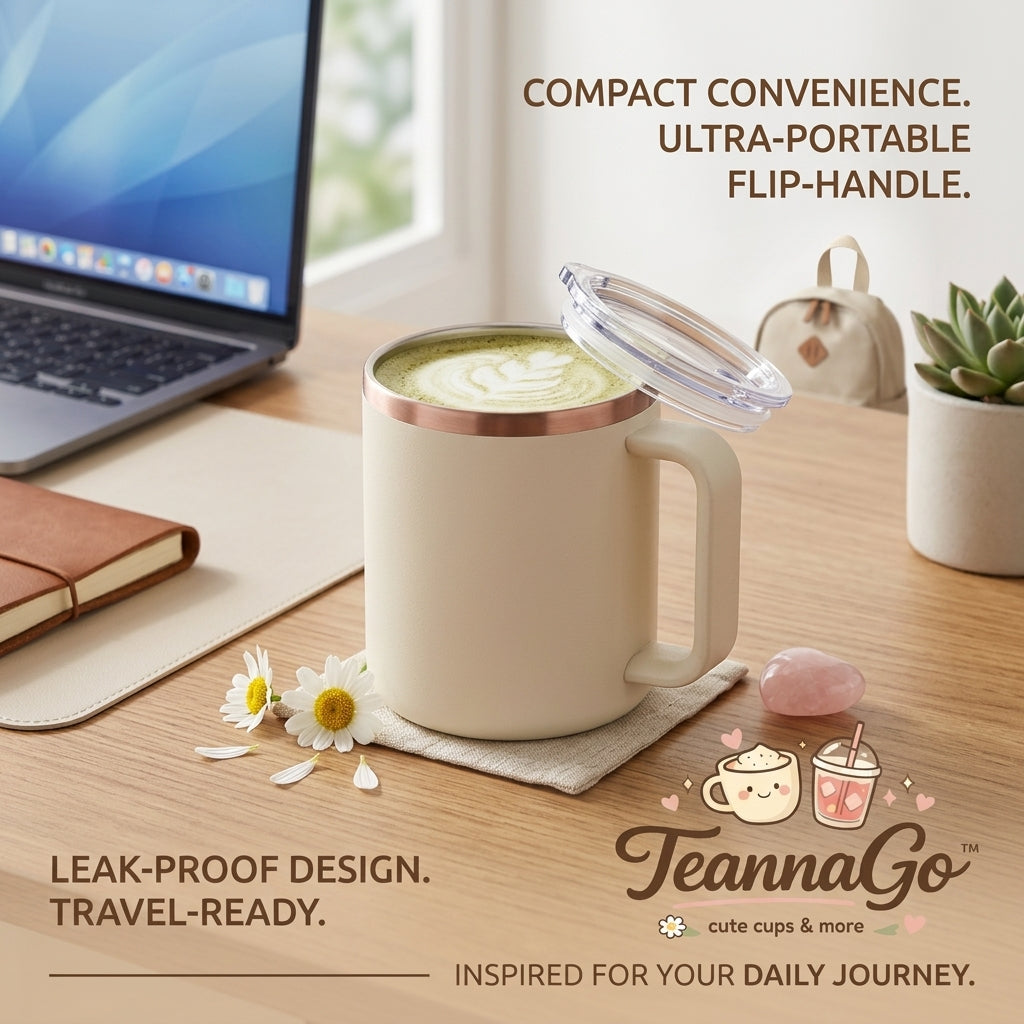 TeannaGo™ Insulated Travel Coffee Mug with Portable Flip-Handle & Leak-Proof Lid | Double Wall Stainless Steel Thermal Cup for Hot and Cold Drinks | Cute Aesthetic Tumbler, Cream White