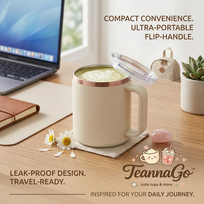 TeannaGo™ Insulated Travel Coffee Mug with Portable Flip-Handle & Leak-Proof Lid | Double Wall Stainless Steel Thermal Cup for Hot and Cold Drinks | Cute Aesthetic Tumbler, Cream White
