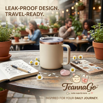 TeannaGo™ Insulated Travel Coffee Mug with Portable Flip-Handle & Leak-Proof Lid | Double Wall Stainless Steel Thermal Cup for Hot and Cold Drinks | Cute Aesthetic Tumbler, Cream White