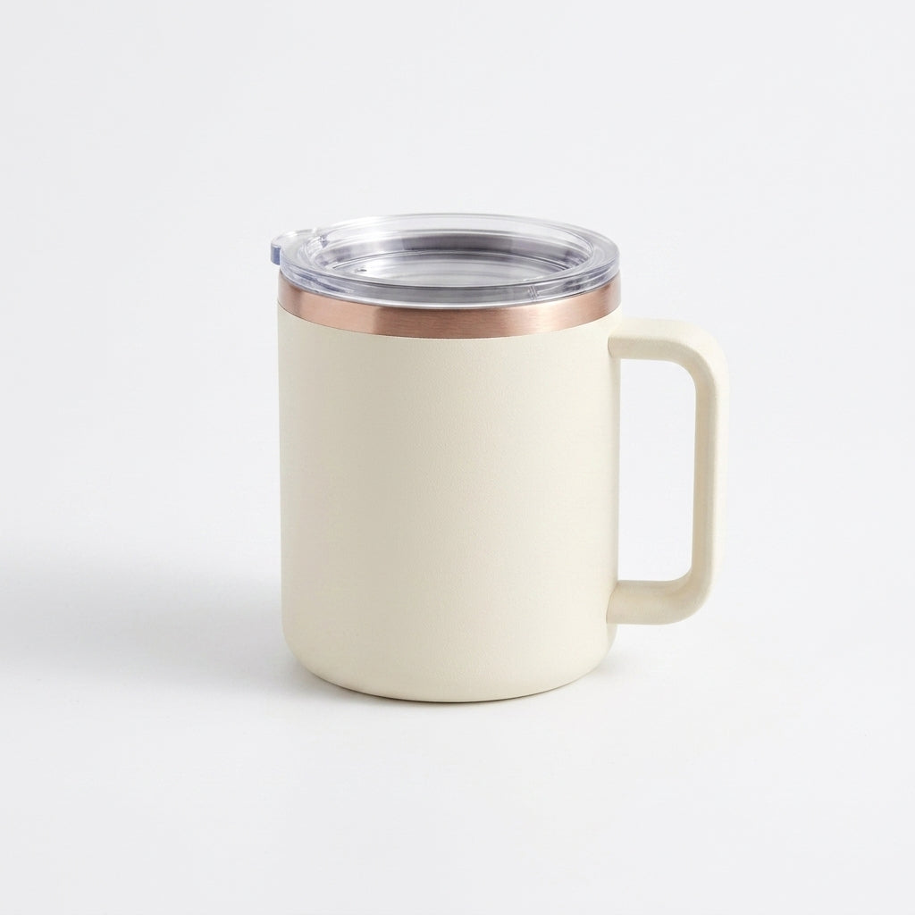 TeannaGo™ Insulated Travel Coffee Mug with Portable Flip-Handle & Leak-Proof Lid | Double Wall Stainless Steel Thermal Cup for Hot and Cold Drinks | Cute Aesthetic Tumbler, Cream White
