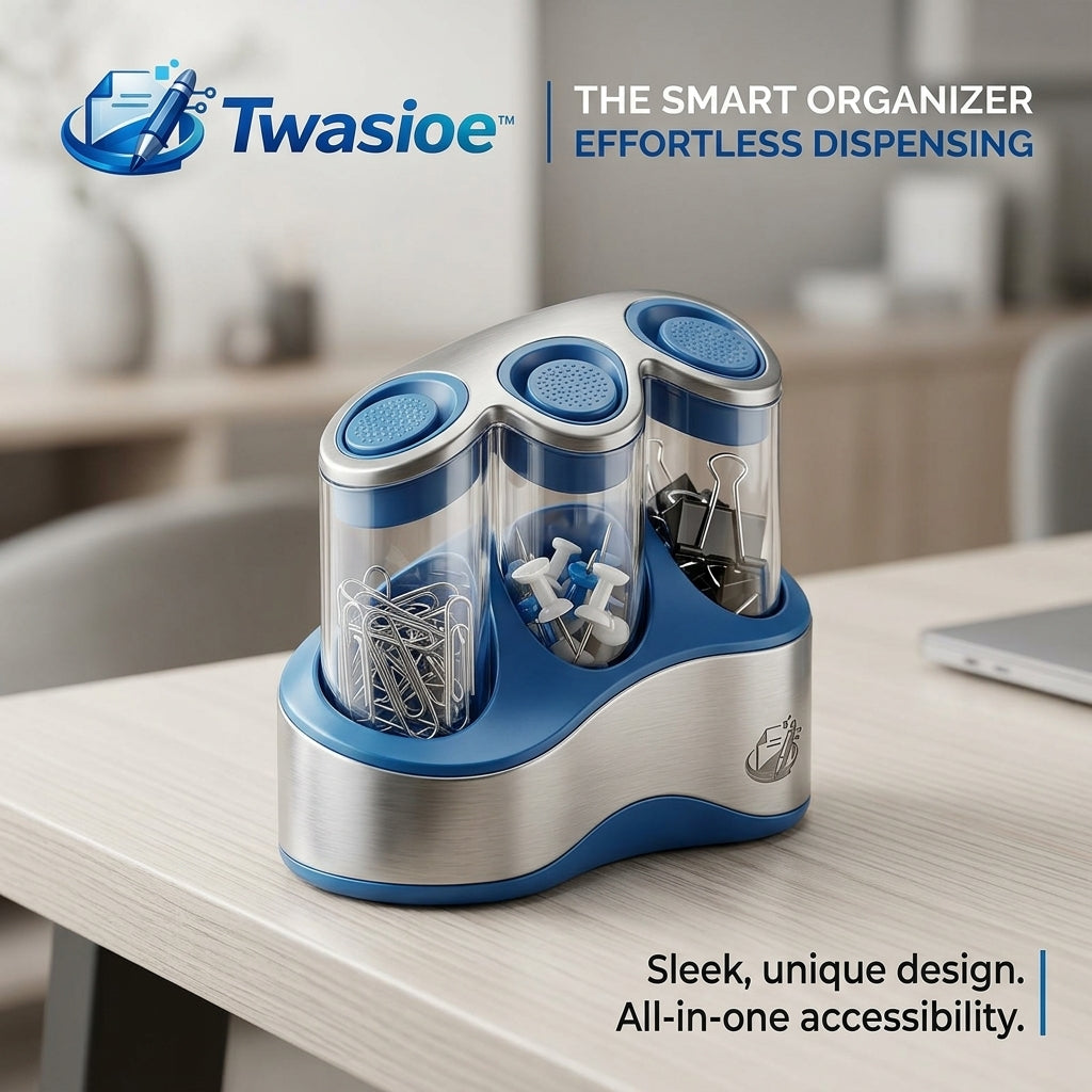 Twasioe™ Smart Desktop Organizer, 3-Compartment Office Supply Dispenser for Paper Clips, Binder Clips, Push Pins, Thumbtacks and Small Desk Accessories, Clear Desk Storage Holder for Home Office, School and Workspace