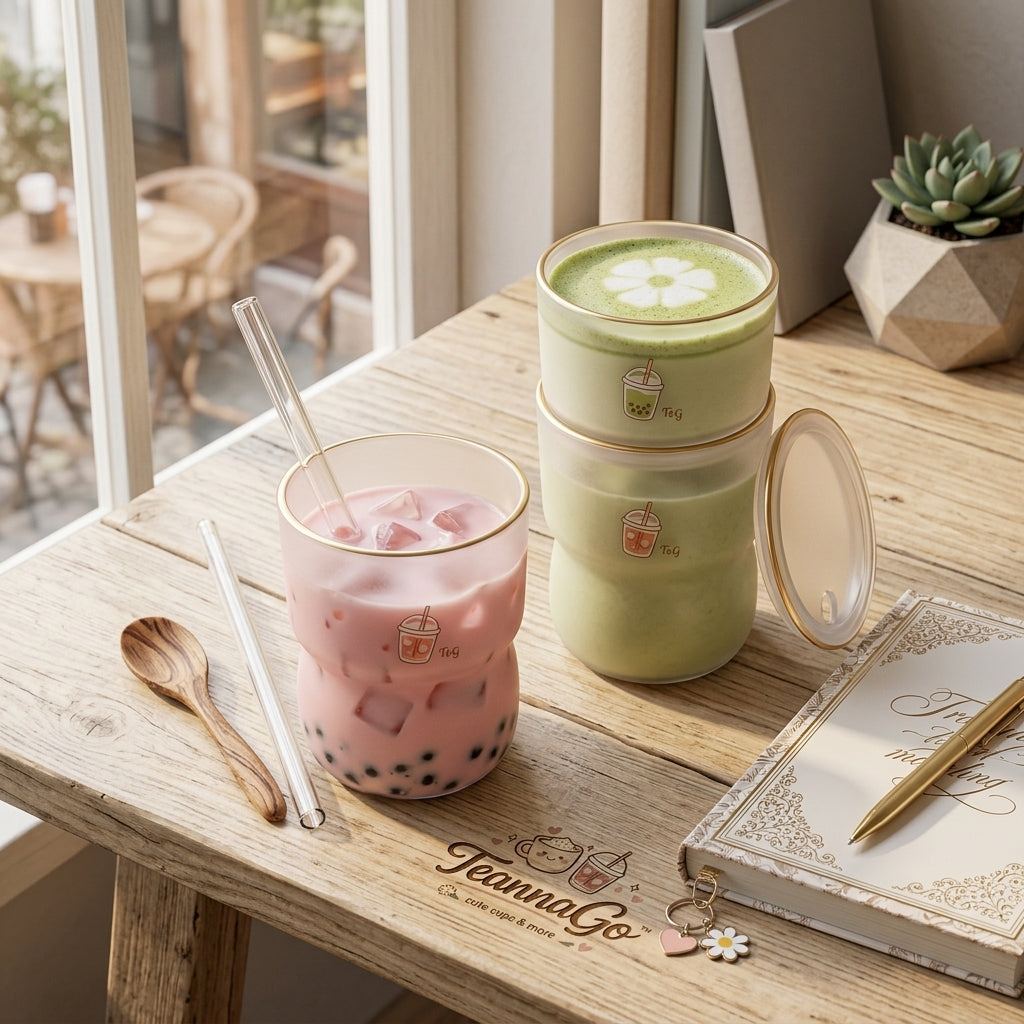 TeannaGo™ Stacking Dual-Drink Boba Cup Set - 2-in-1 Nested Bubble Tea Glass Tumbler with Spill-Proof Lids & Reusable Straws - Cute Aesthetic Drinking Cups for Matcha, Iced Coffee & Smoothies - Eco-Friendly, BPA-Free Gift for Boba Lovers