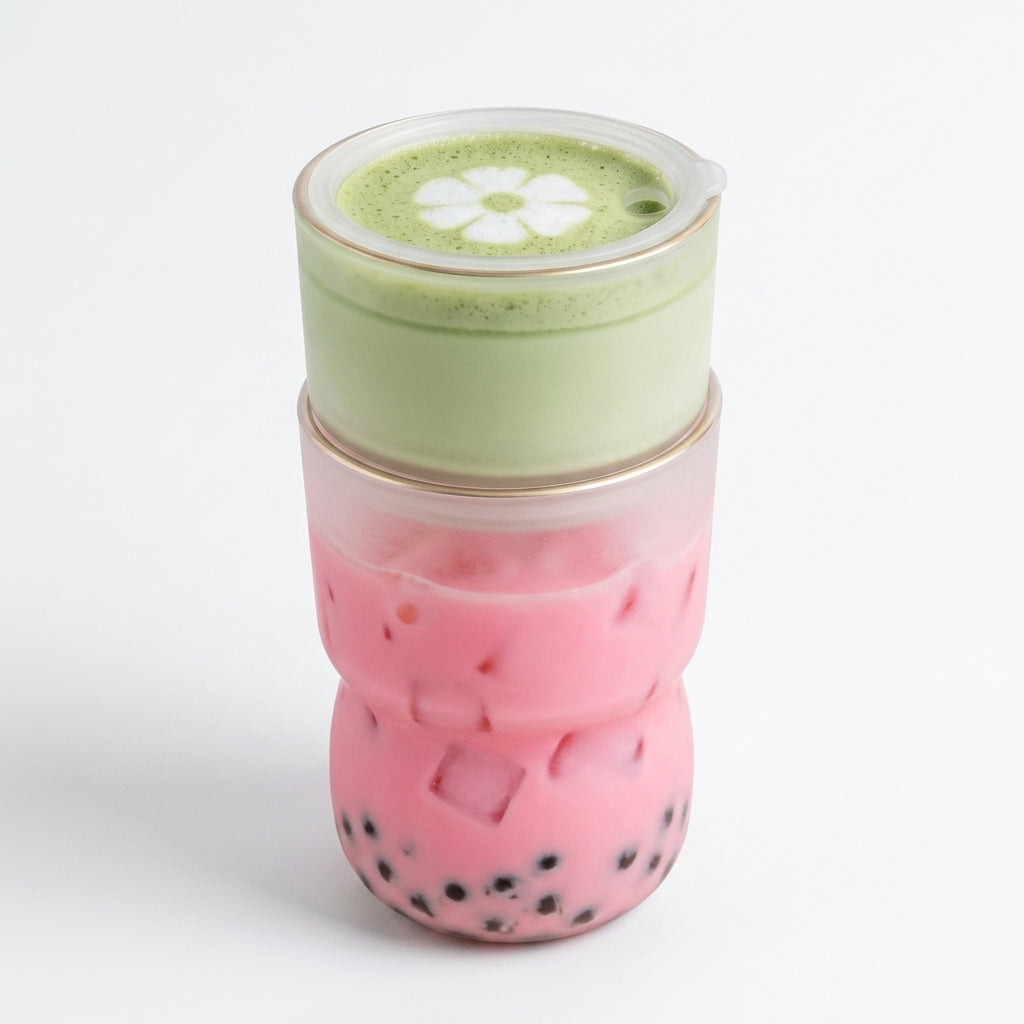 TeannaGo™ Stacking Dual-Drink Boba Cup Set - 2-in-1 Nested Bubble Tea Glass Tumbler with Spill-Proof Lids & Reusable Straws - Cute Aesthetic Drinking Cups for Matcha, Iced Coffee & Smoothies - Eco-Friendly, BPA-Free Gift for Boba Lovers